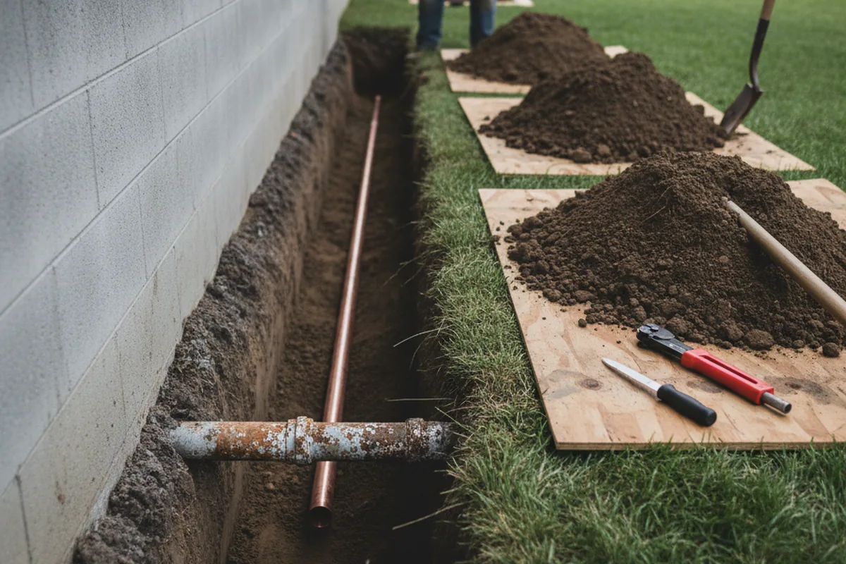 Excavated water line trench during Sewer Line Repair in Maricopa